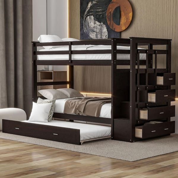Bunk Bed Espresso Finish Twin Over Twin Storage Staircase