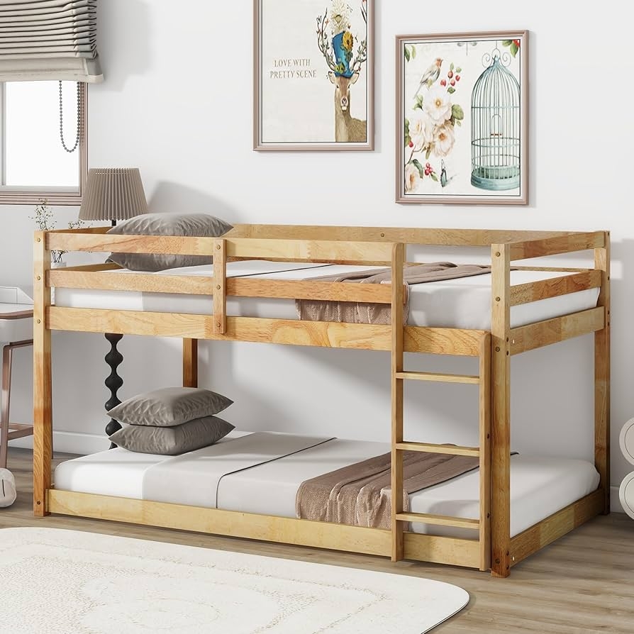 Bunk Bed Floor Level Design Natural Wood Frame For Kids