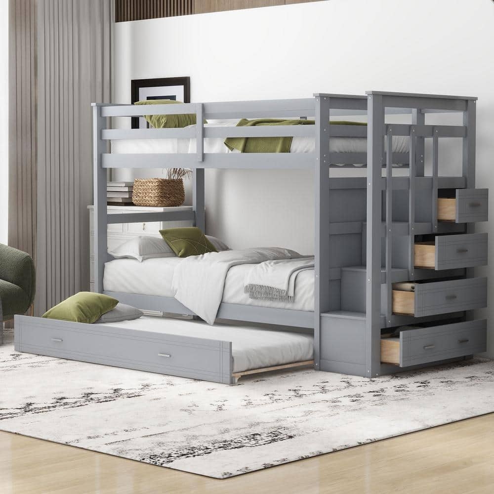 Bunk Bed Four Integrated Drawers Muted Gray with Underbed Trundle