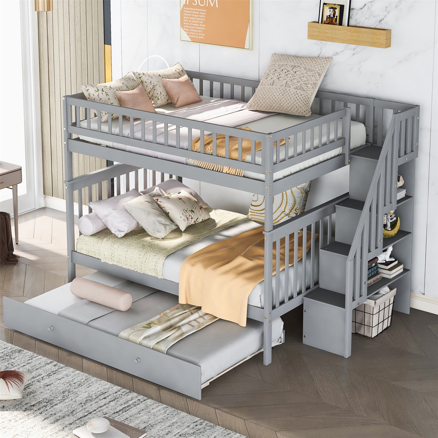 Bunk Bed Full Over Full Cool Grey Storage Stairs and Trundle