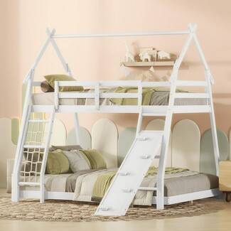 Bunk Bed House Frame Climbing Net White Bunk Bed with Ramp