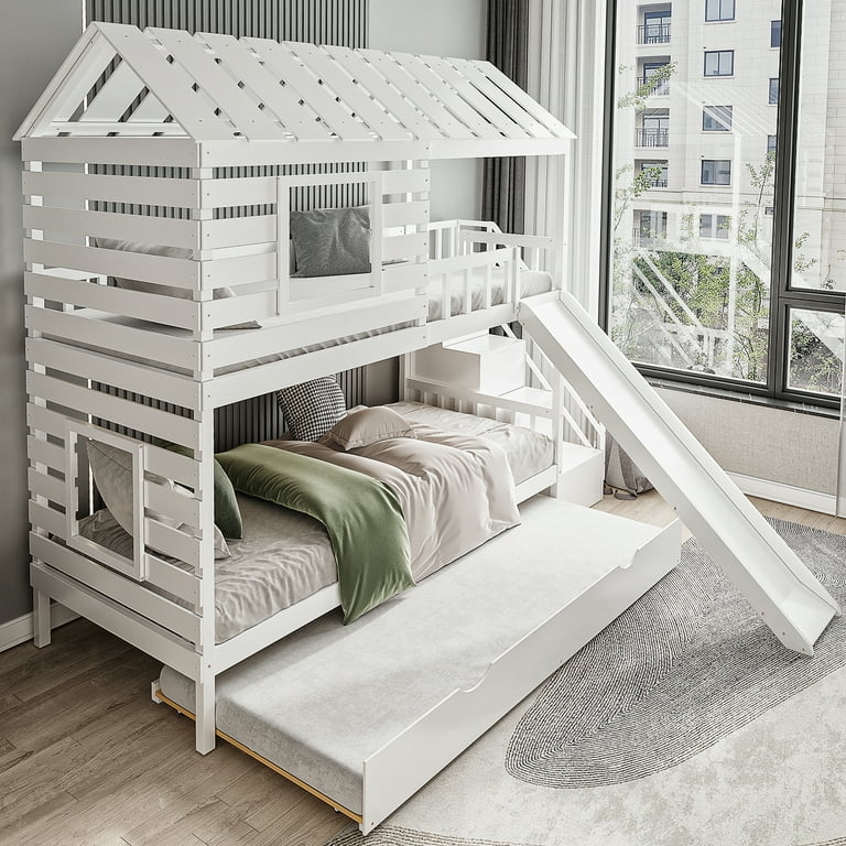 Bunk Bed House Frame Roof White Twin with Slide and Trundle