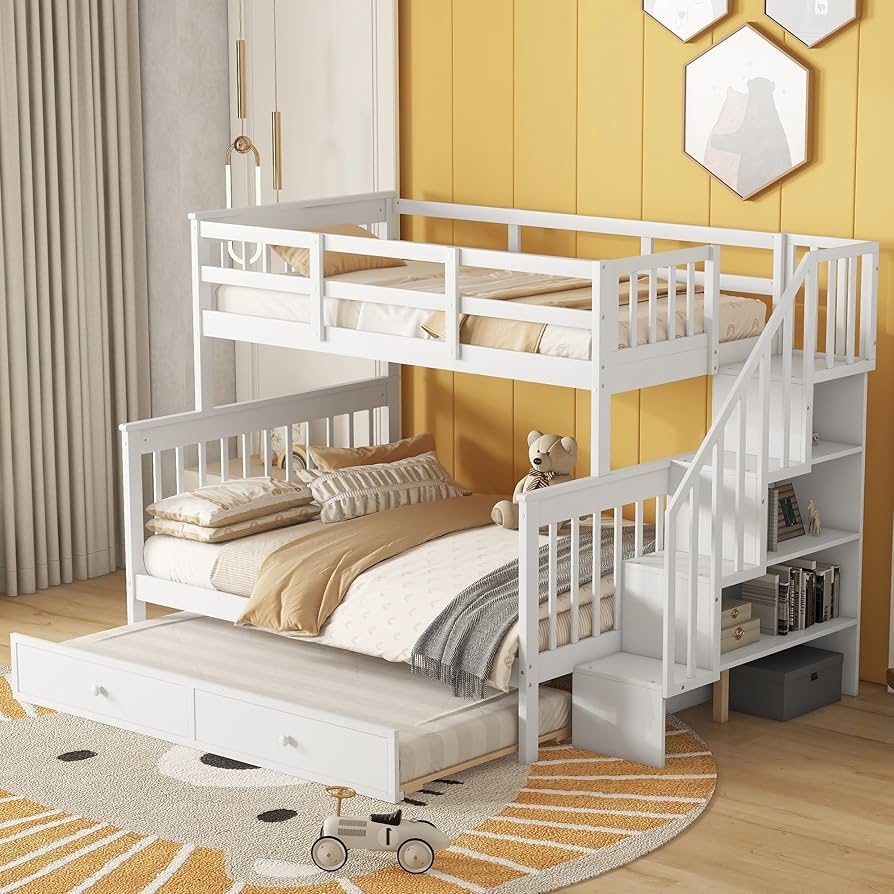 Bunk Bed Integrated Staircase Storage White with Open Shelves