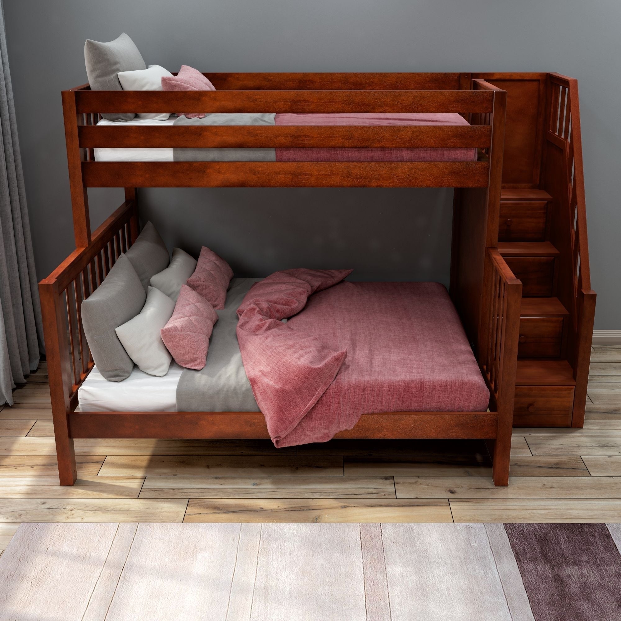 Bunk Bed Integrated Stairs Chestnut Twin XL over Queen