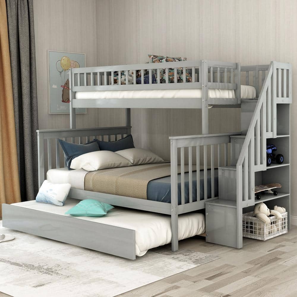 Bunk Bed Light Gray Storage Shelves with Integrated Stairs