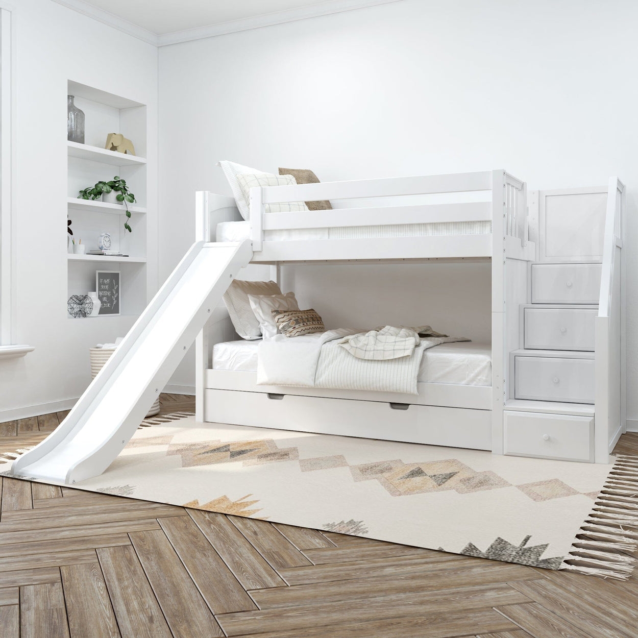 Bunk Bed Low Profile Frame White with Integrated Slide & Stairs