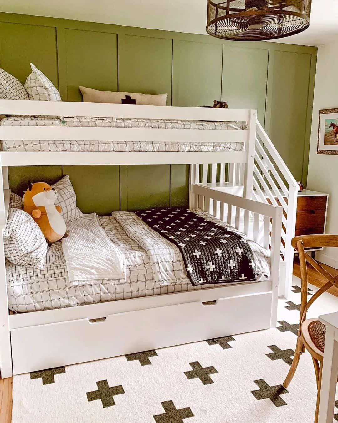 Bunk Bed Olive Green Paneling Integrated Stairs With Trundle