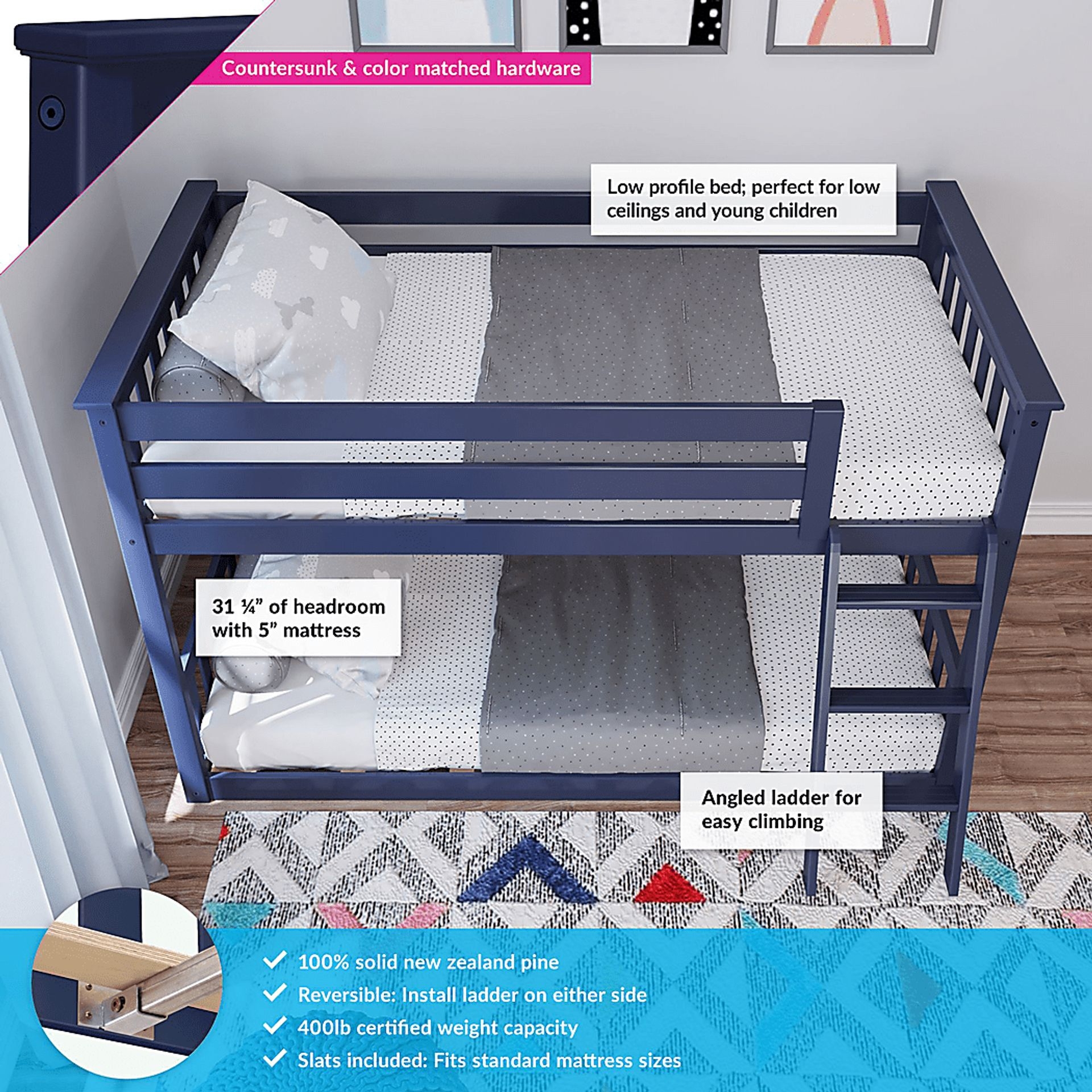 Bunk Bed Reversible Angled Ladder Navy Blue Solid Pine