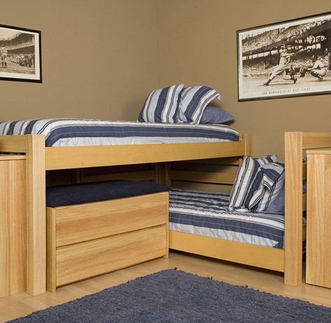 Bunk Bed Set L Shaped Configuration Light Oak With Bench
