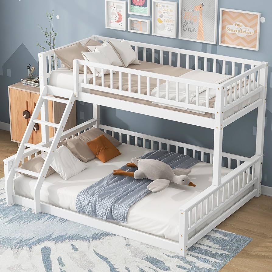Bunk Bed Slanted Ladder White Wood Transitional Kids Bed
