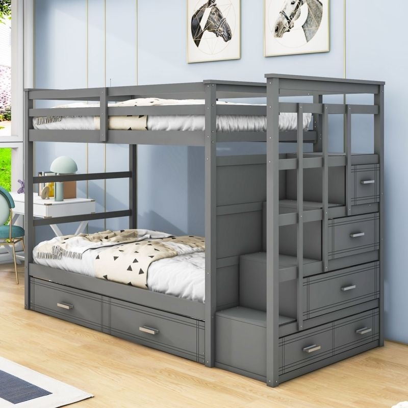 Bunk Bed Slate Gray Finish Twin with Integrated Stair Storage