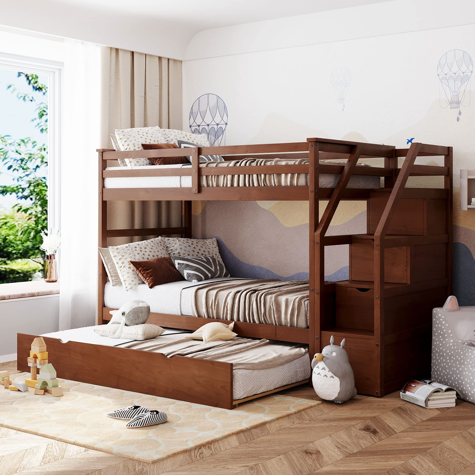Bunk Bed Storage Drawers Warm Wood Twin with Pull-Out Trundle