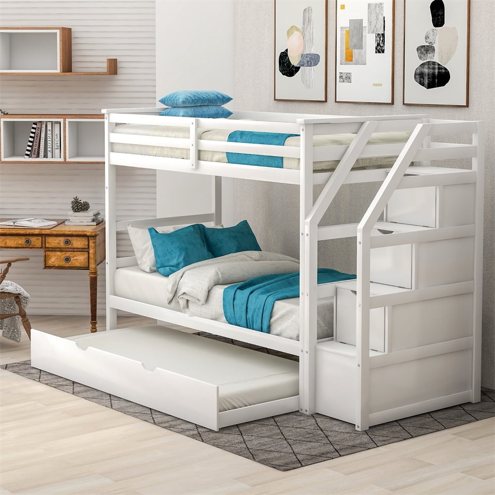 Bunk Bed Three Tier Storage White Staircase with Trundle