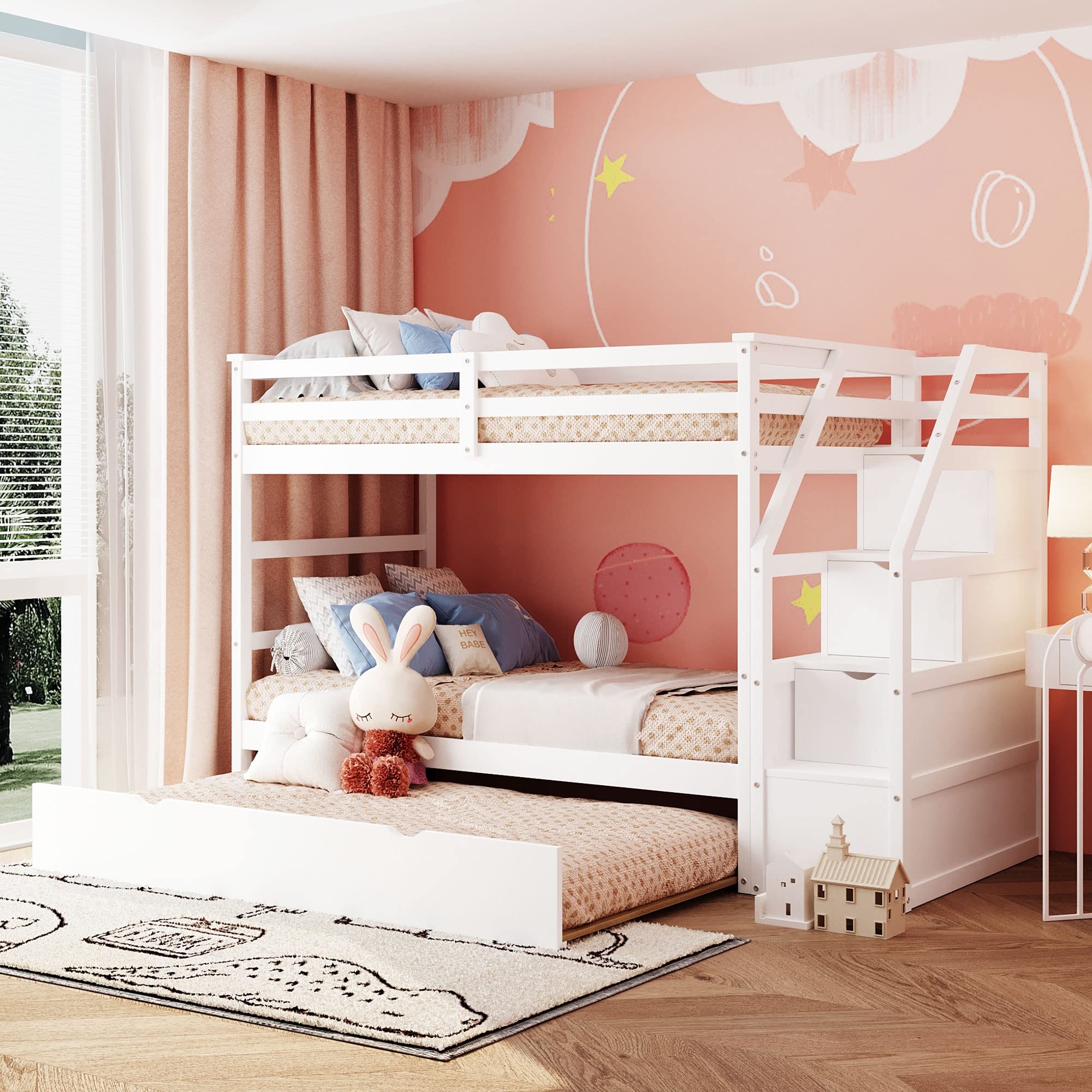 Bunk Bed Twin Over Full White Storage Staircase Kids Bed