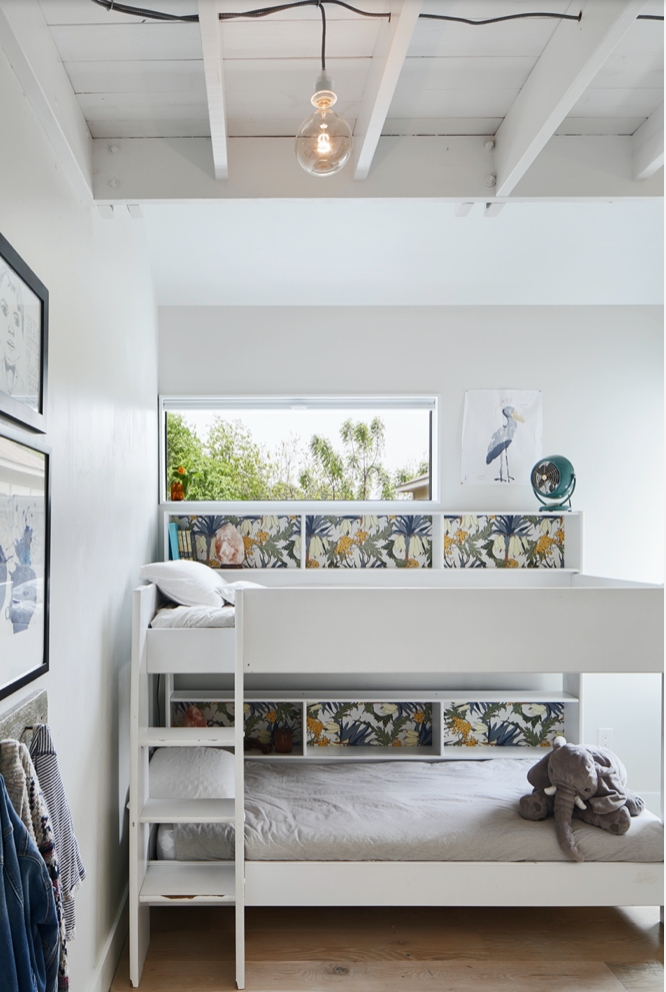 Bunk Bed Wallpapered Cubbies White Wood Low Ceiling Design