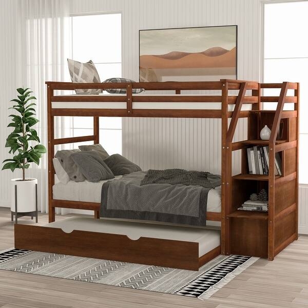 Bunk Bed Walnut Finish Staircase with Storage and Trundle Bed