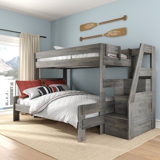 Bunk Bed Weathered Gray Finish Queen Bottom Bunk with Stairs