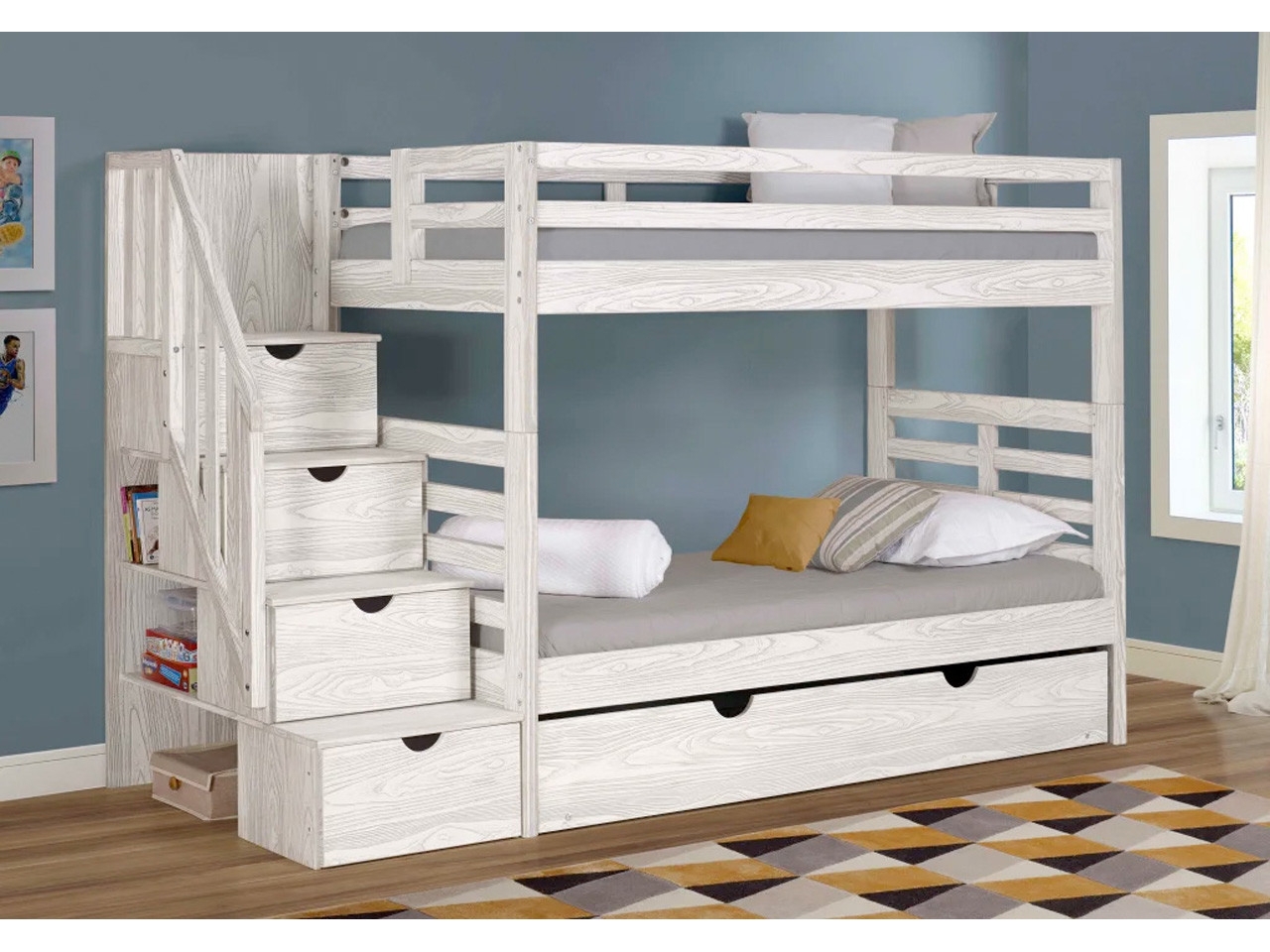 Bunk Bed White Birch Finish Staircase Storage with Trundle