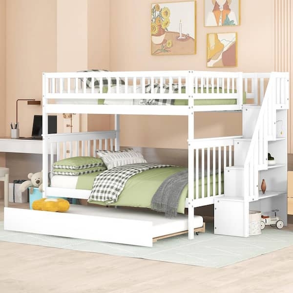 Bunk Bed White Slatted Design Full Size Bunks with Shelving