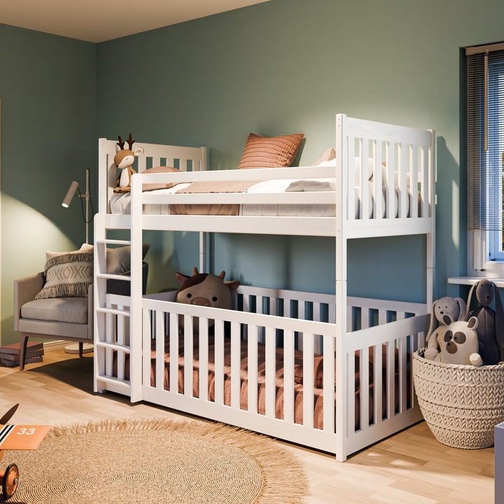 Bunk Bed: White Slatted Frame Bunk with Crib Bottom Bunk