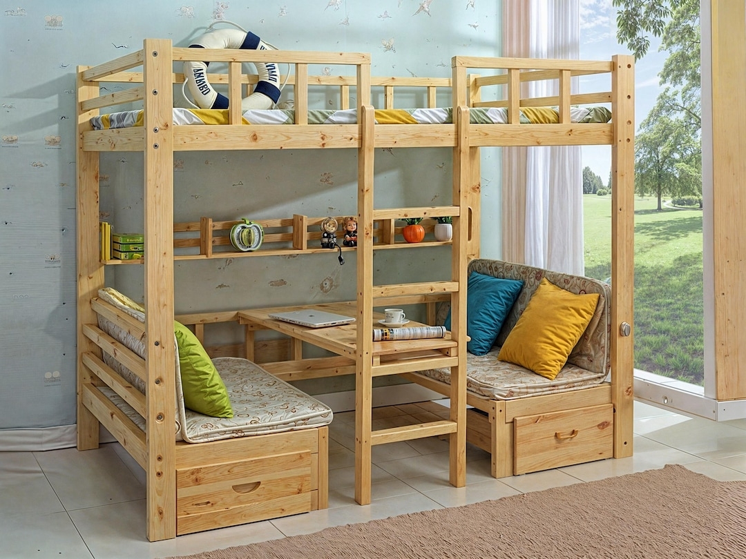 Bunk Bed with Built In Seating and Natural Wood Workstation