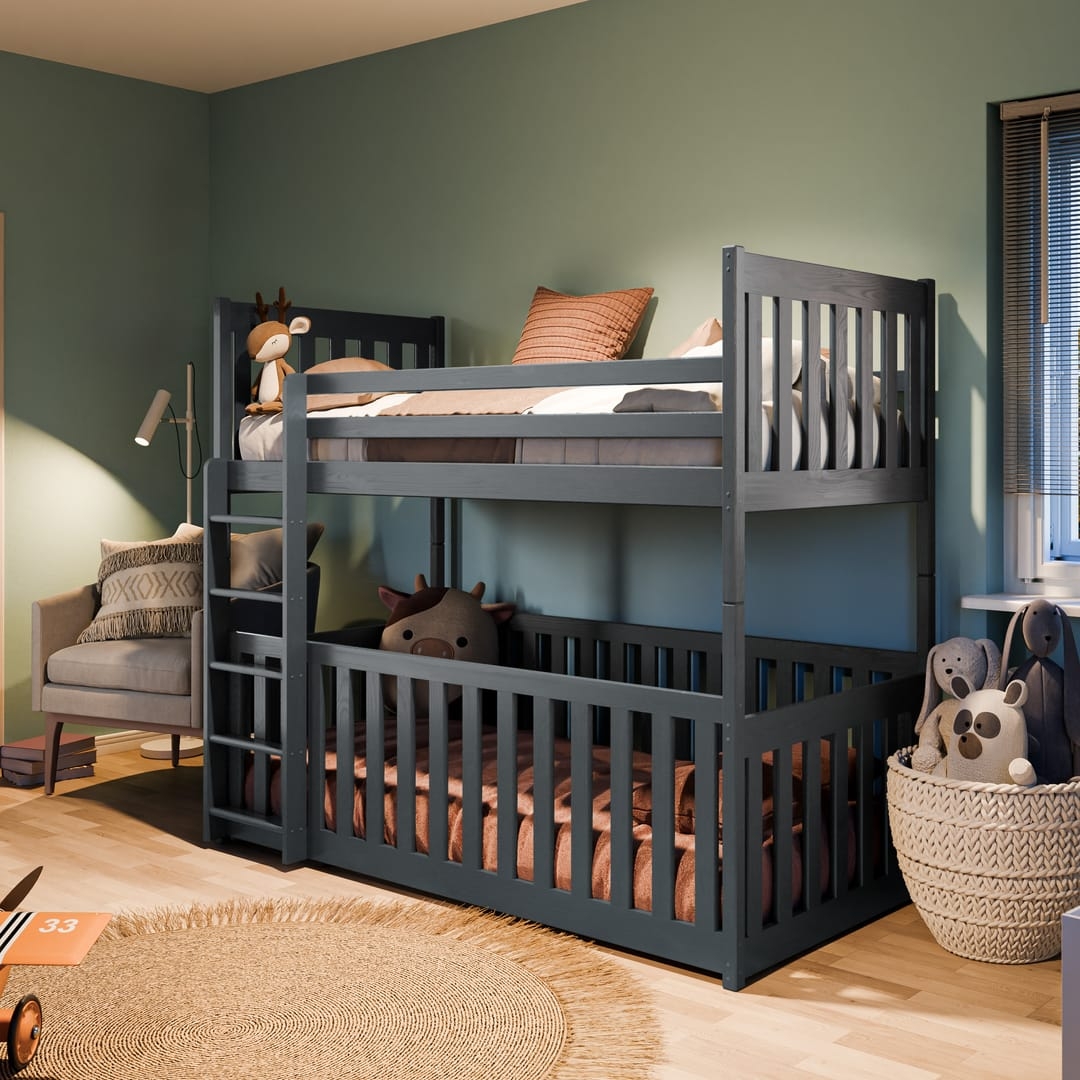 Bunk Bed With Cot: Charcoal Grey Finish with Cot Bottom Tier