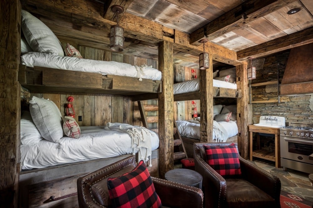 Bunk Bed with Heavy Timber Frame and Rustic Cabin Bunk Room