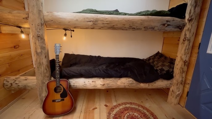 Bunk Bed with Peeled Log Posts and DIY Cabin Sleeping Nook