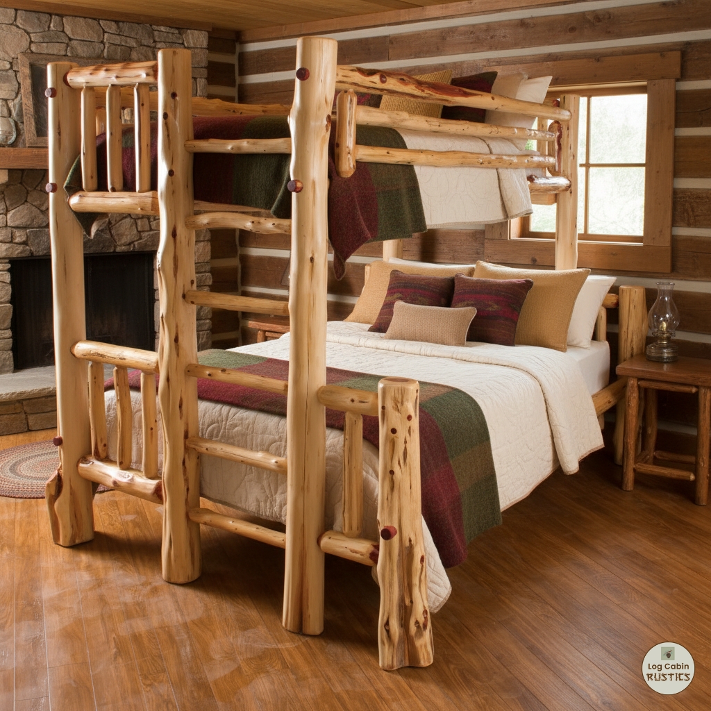 Bunk Bed with Red Cedar Logs and Cedar Cabin Bed Frame