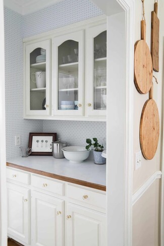 Butler Pantry Arched Glass Inserts and Patterned Wallpaper Ideas