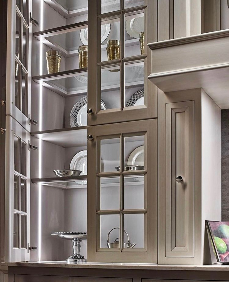 Butler Pantry Cabinet with Vertical LED Lighting and Mullion Doors