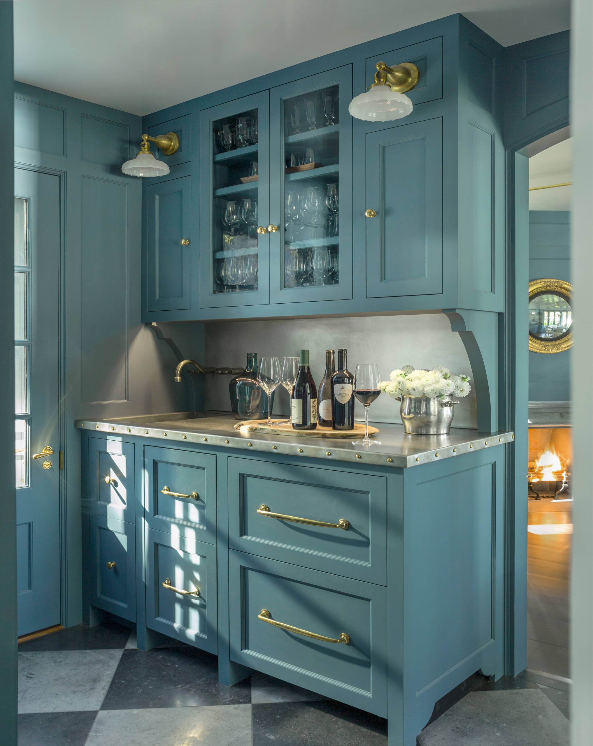Butler Pantry Teal Cabinetry with Rivet Edge Counter and Harlequin Floor