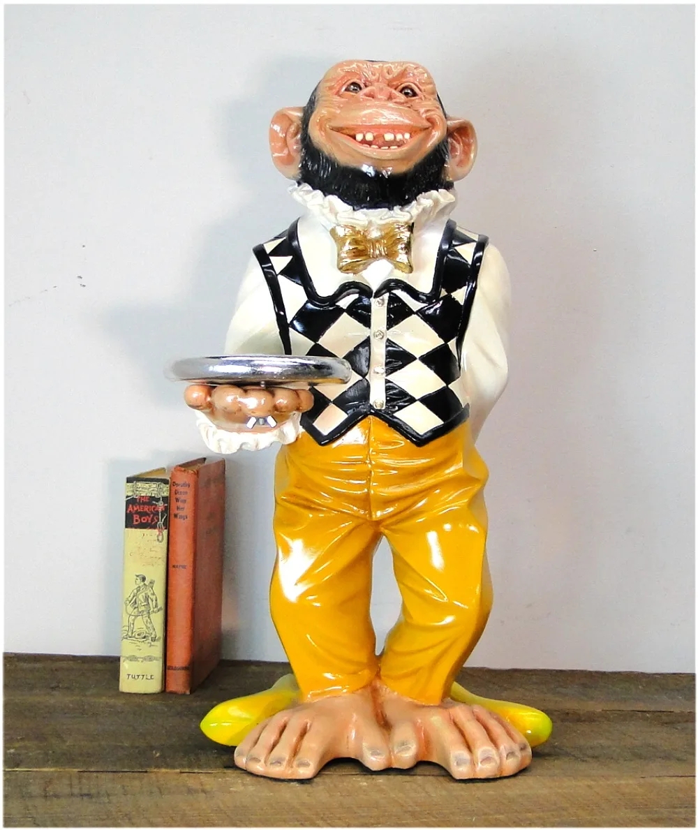Butler Statue Monkey Waiter Harlequin Vest Silver Serving Tray