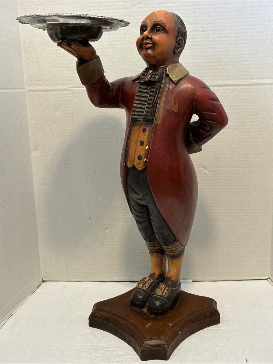 Butler Tray Stand Wood Carved Look Red Coat Butler Figurine
