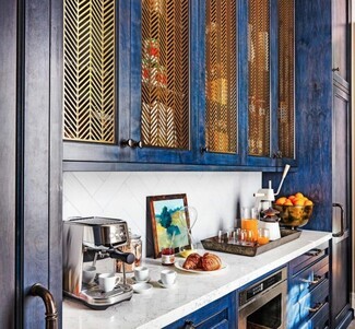 Butler's Pantry Herringbone Mesh Inserts and Navy Stained Wood