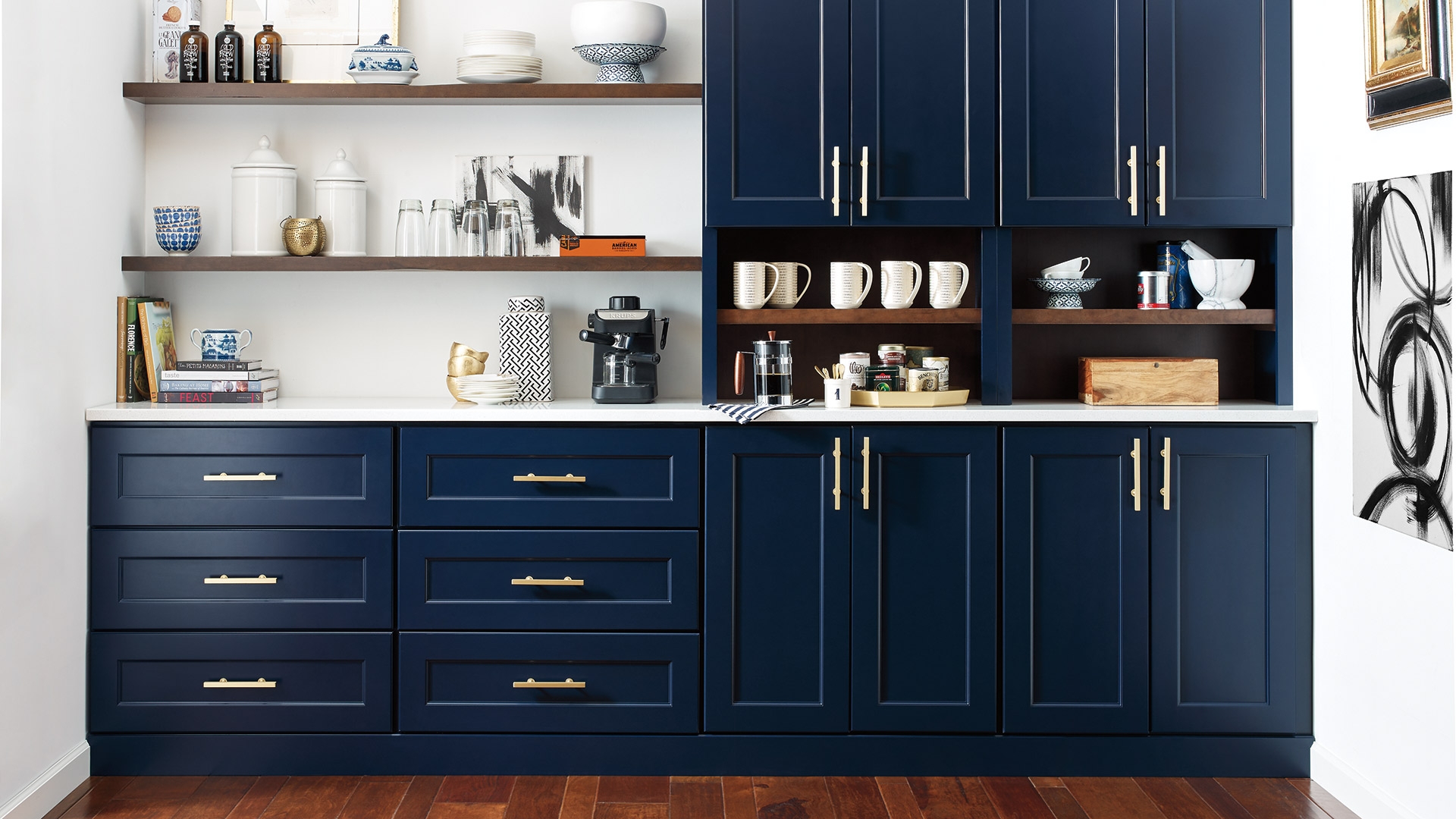 Butler's Pantry Navy Shaker Panels and Gold Bar Pull Hardware