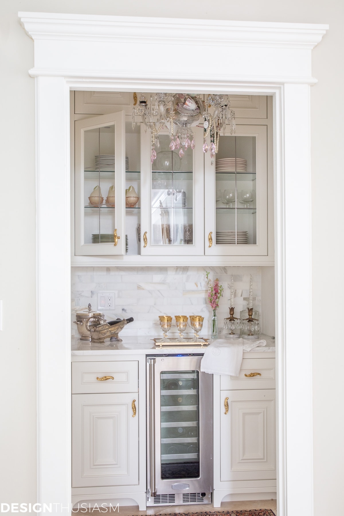 Butler's Pantry Ornate Crystal Chandelier and Wine Refrigerator