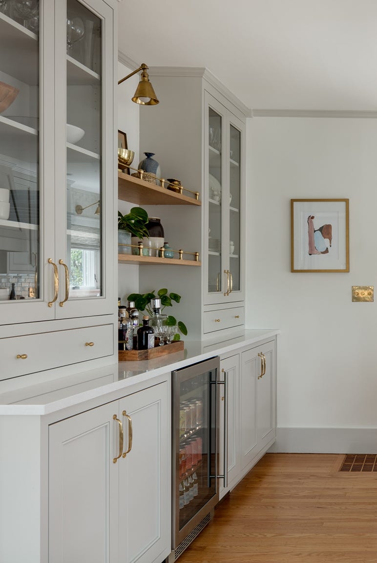 Butler's Pantry Pale Gray Shaker and Brass Gallery Rail Shelving