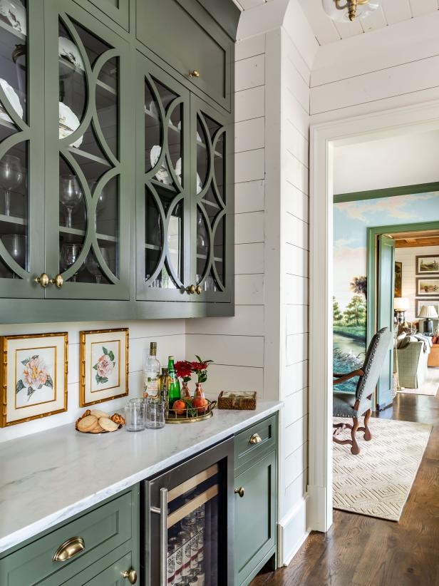 Butler's Pantry Quatrefoil Glass Inserts and Shiplap Wall Ideas