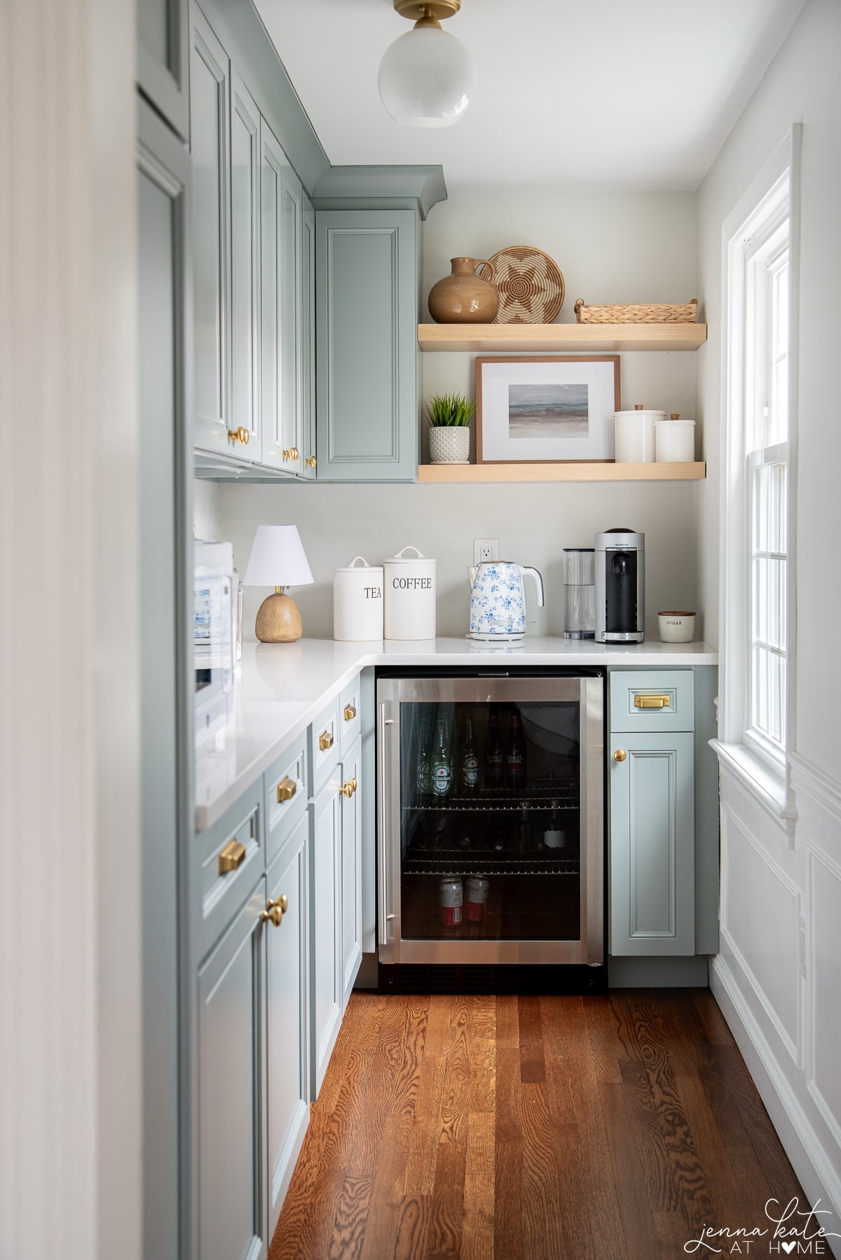 Butler's Pantry Sage Green Cabinets and Floating Wood Shelving
