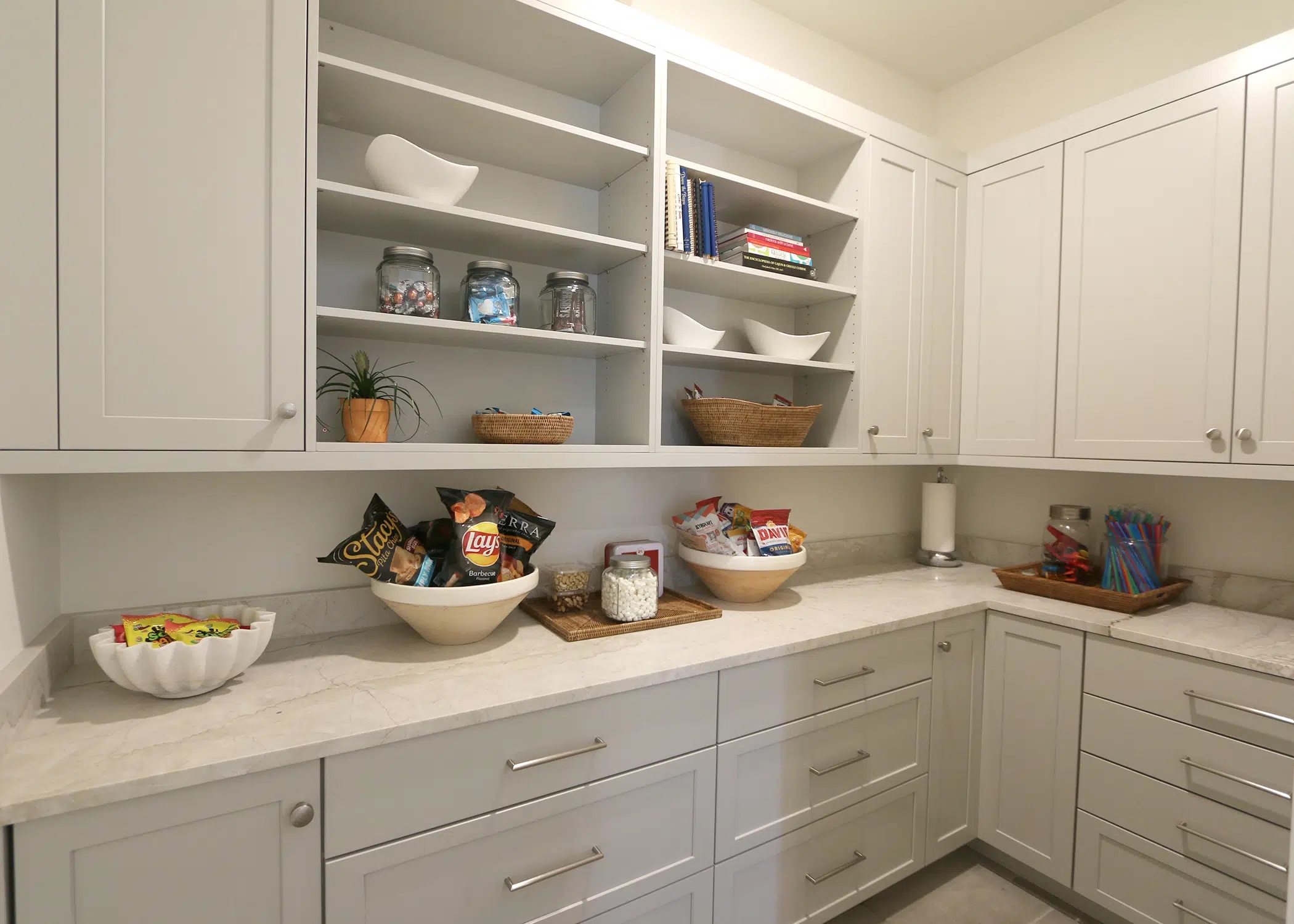 Butler's Pantry Shaker Style Cabinets and Stone Countertop Ideas
