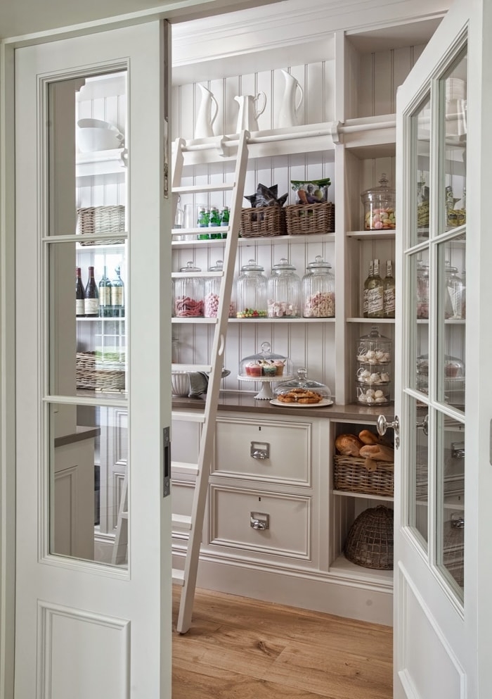 Butler's Pantry White Library Ladder and Beadboard Back Shelves