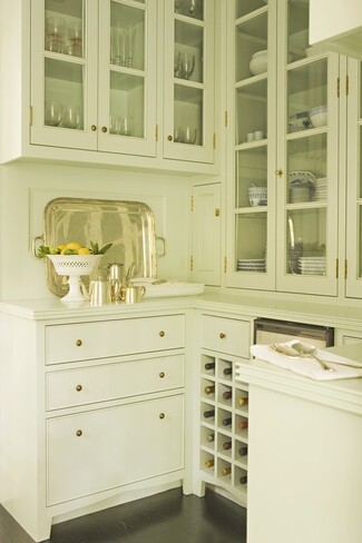 Butler's Pantry Wine Storage Rack and Muted Sage Green Cabinets