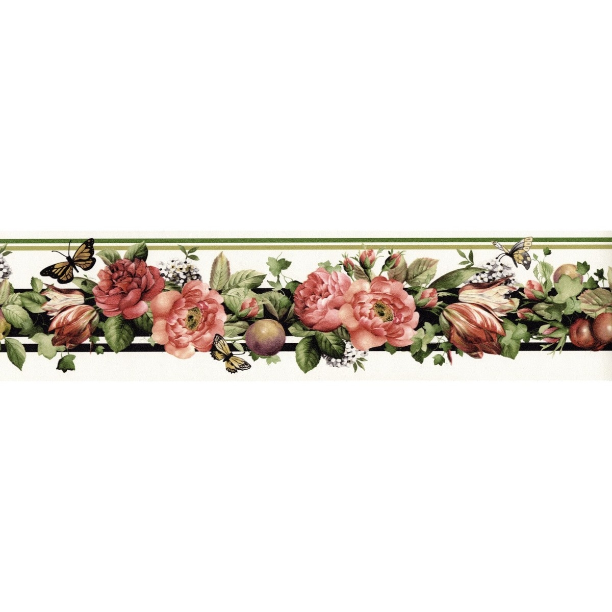 Cabbage Rose Pattern Wallpaper Border: Butterfly Botanical Border