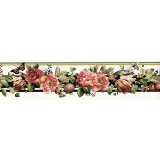Cabbage Rose Pattern Wallpaper Border: Butterfly Botanical Border