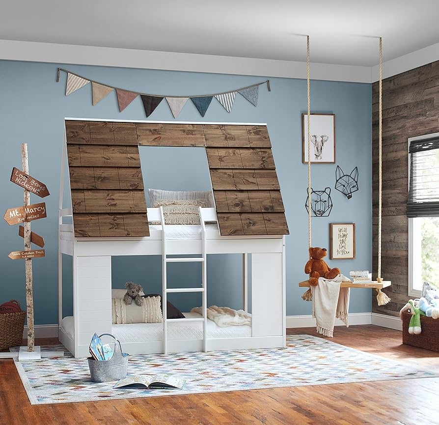 Cabin Bunk Bed featuring House-Shaped Frame and Two-Toned House Bed