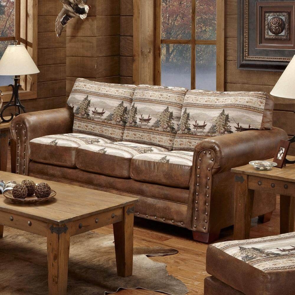 Cabin Sofa featuring Scenic Tapestry and Nailhead Trim