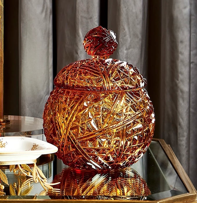 Candy Dish Amber Crystal Intricate Faceting Lidded Jar