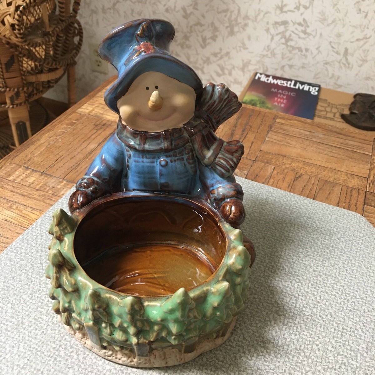 Candy Dish Snowman Figurine Pine Tree Border Bowl
