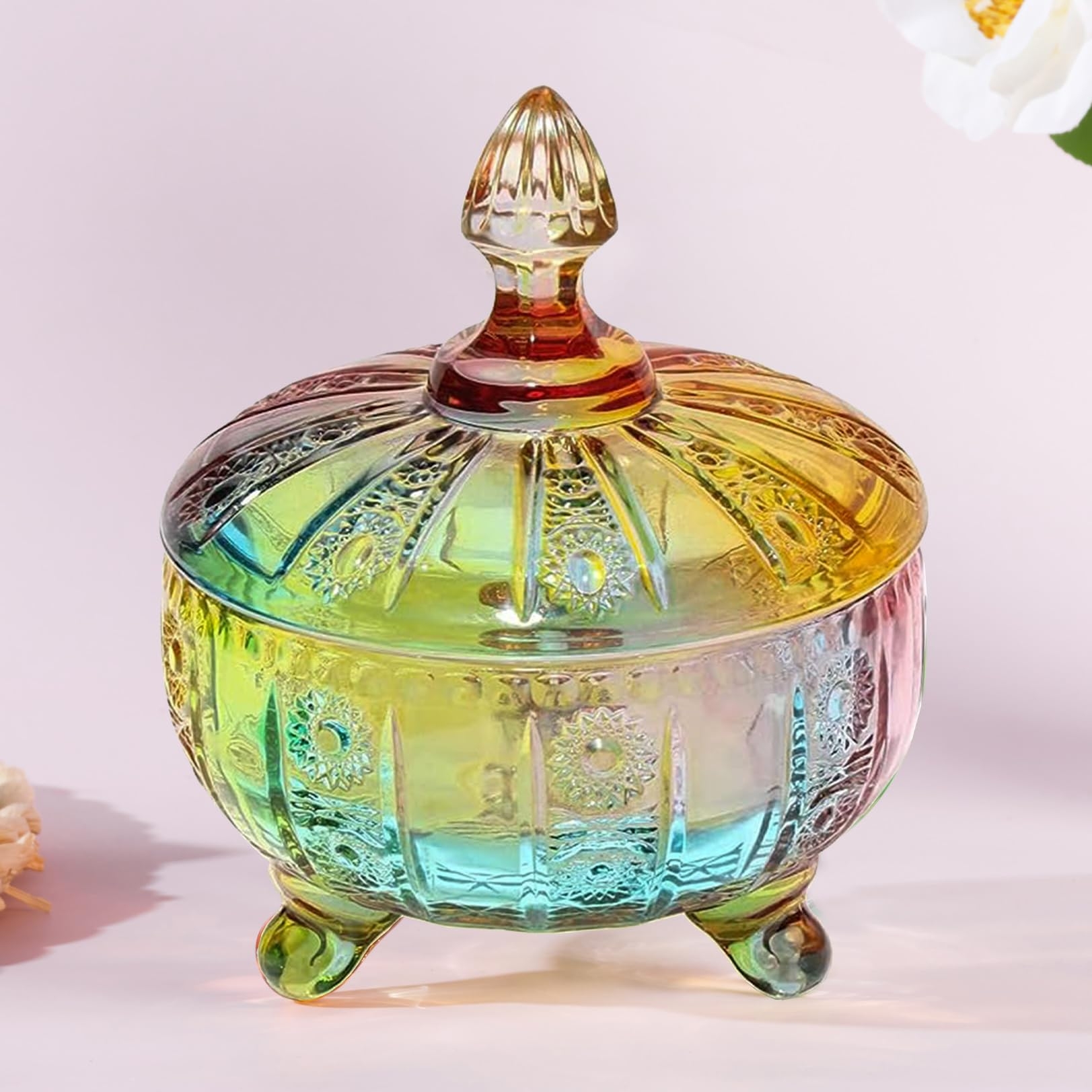 Candy Jar Iridescent Rainbow Embossed Medallion Lid